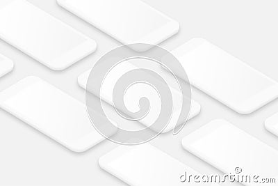 White smartphones mockup with blank screen. Realistic cell phones frames with shadow. 3d isometric smartphones in perspective view Vector Illustration